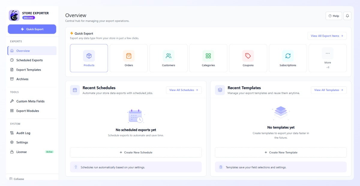 Store Exporter Deluxe Overview dashboard with Quick Export types, recent schedules, and recent templates