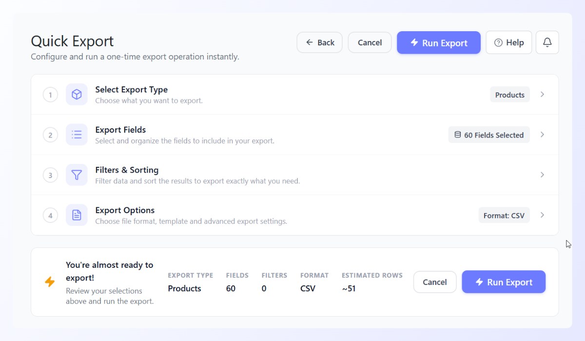 Quick Export review bar summarizing export type, fields, filters, format, and estimated rows