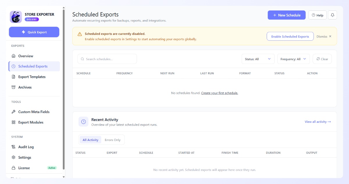 Scheduled Exports screen listing recurring jobs with frequency, next run, and status