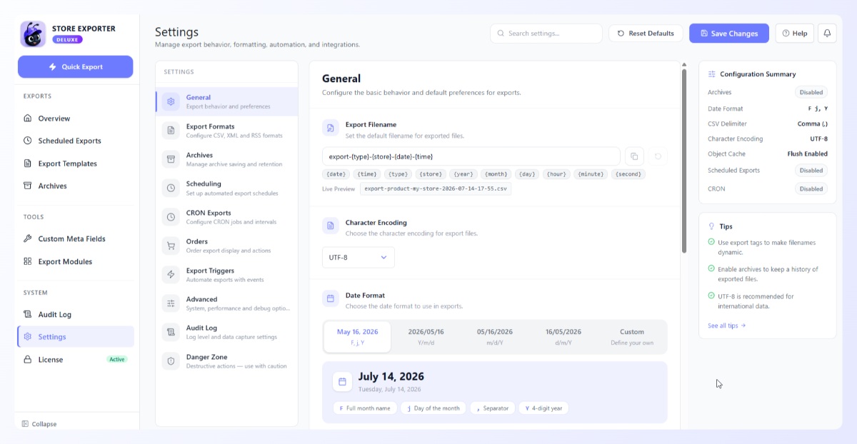 Store Exporter Deluxe Settings screen with grouped panels and a configuration summary