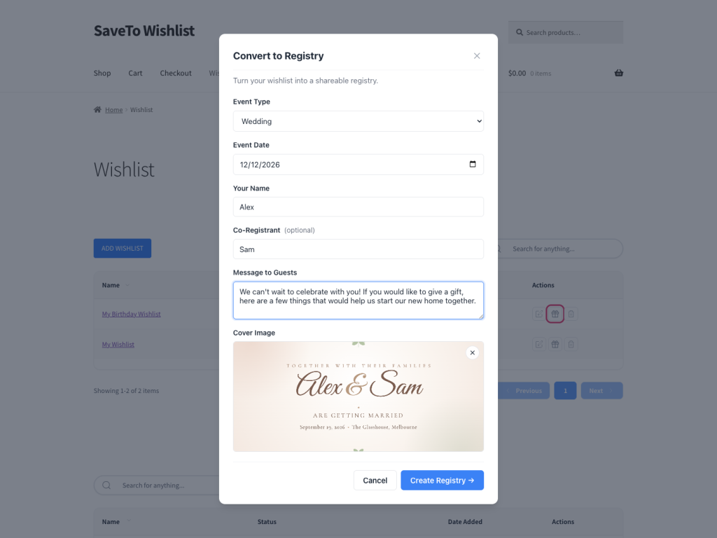 save-to-wishlist-registry-convert-cover - Visser Labs Modal titled Convert to Registry with a form for Event Type, Date, Names, Message, and a cover image preview on a wishlist page.