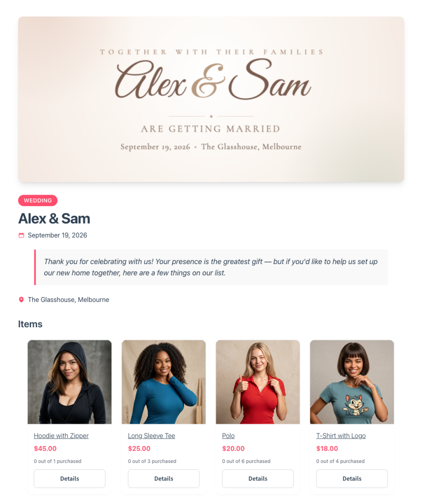 save-to-wishlist-registry-landing-page-new-product-thumbnails - Visser Labs Wedding invitation banner for Alex & Sam announcing their marriage with a soft beige gradient background and elegant script names.