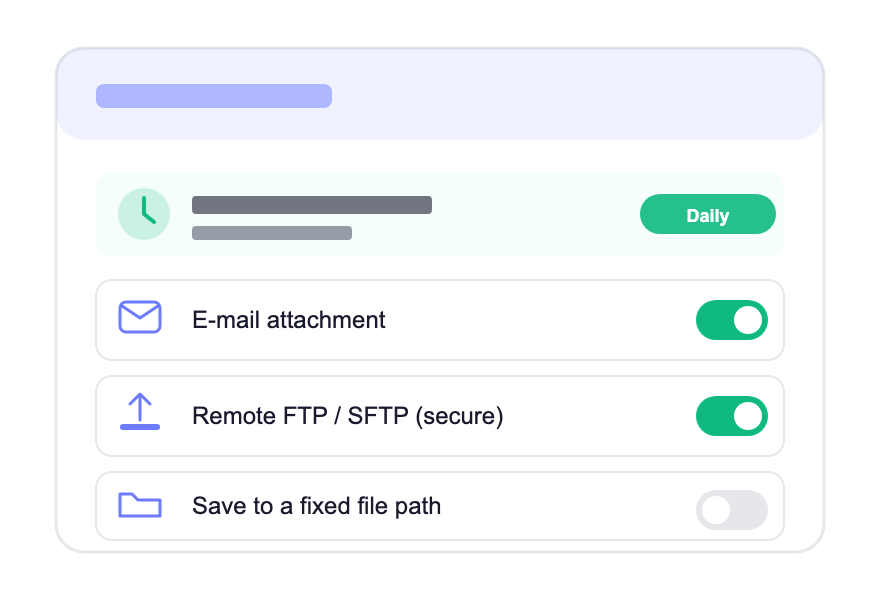 UI panel with daily schedule toggle; options: Email attachment (on), Remote FTP/SFTP (secure) (on), Save to fixed file path (off)