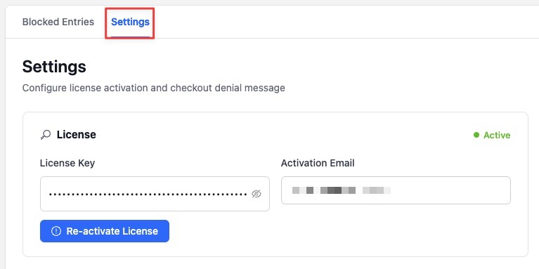 Screenshot - Visser Labs The Checkout Guard Settings tab with the License Key and Activation Email fields filled in
