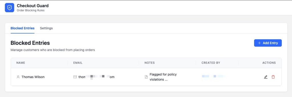 The Blocked Entries tab showing the table of blocked entries with Name, Email, Notes, Created By, and Actions columns