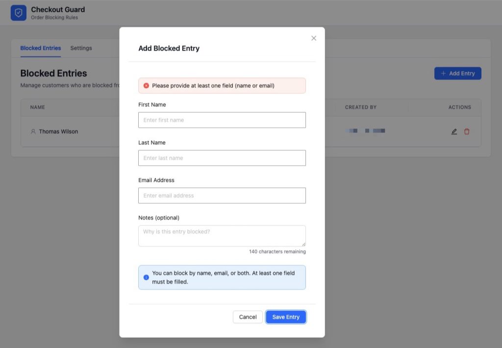 The Add Blocked Entry dialog with First Name, Last Name, Email Address, and Notes fields, plus the reminder that at least one field is required