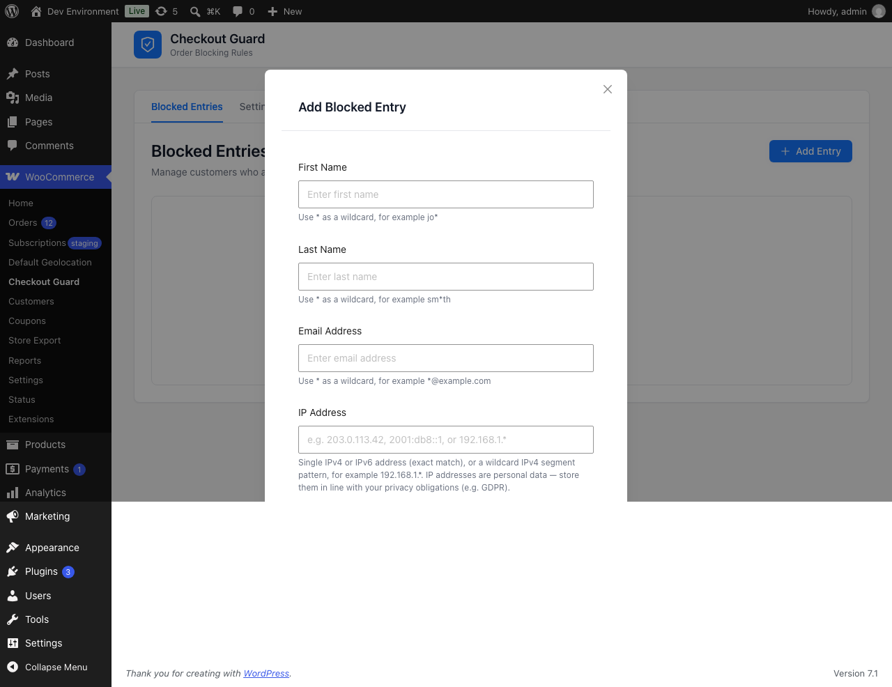 Checkout Guard add blocked entry dialog with wildcard hints - Visser Labs Checkout Guard Add Blocked Entry dialog showing wildcard hint text under the first name, last name, email and IP address fields
