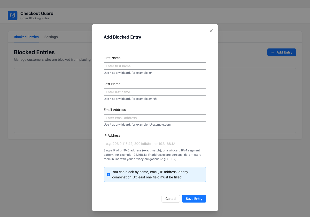 Checkout Guard add blocked entry dialog with the IP Address field - Visser Labs Block an IP address in WooCommerce: Checkout Guard Add Blocked Entry dialog showing the IP Address field, its accepted formats and the privacy reminder about IP addresses being personal data