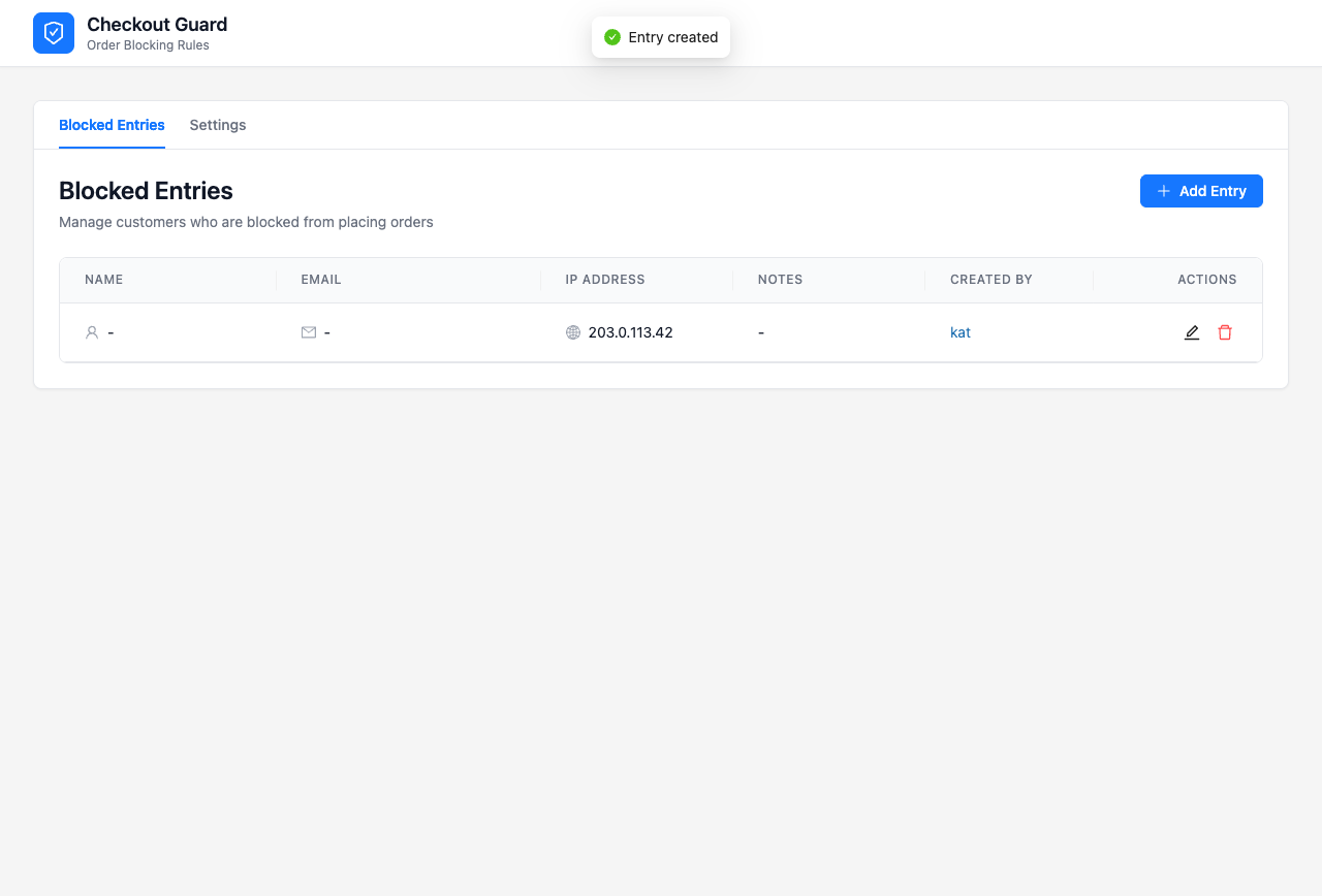 Checkout Guard blocked entries table with an IP-only rule - Visser Labs Checkout Guard Blocked Entries table showing the IP Address column with a rule that blocks on IP address alone, with the name and email cells empty