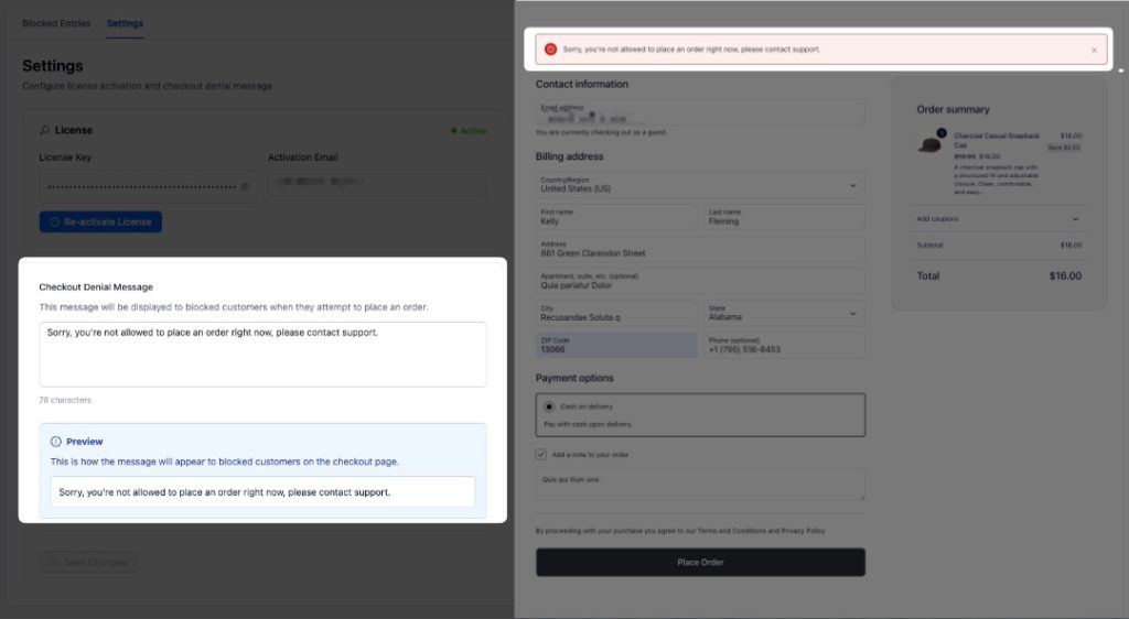 checkout-denial-message-on-checkout-page - Visser Labs The Checkout Denial Message field on the Checkout Guard Settings tab with its live preview