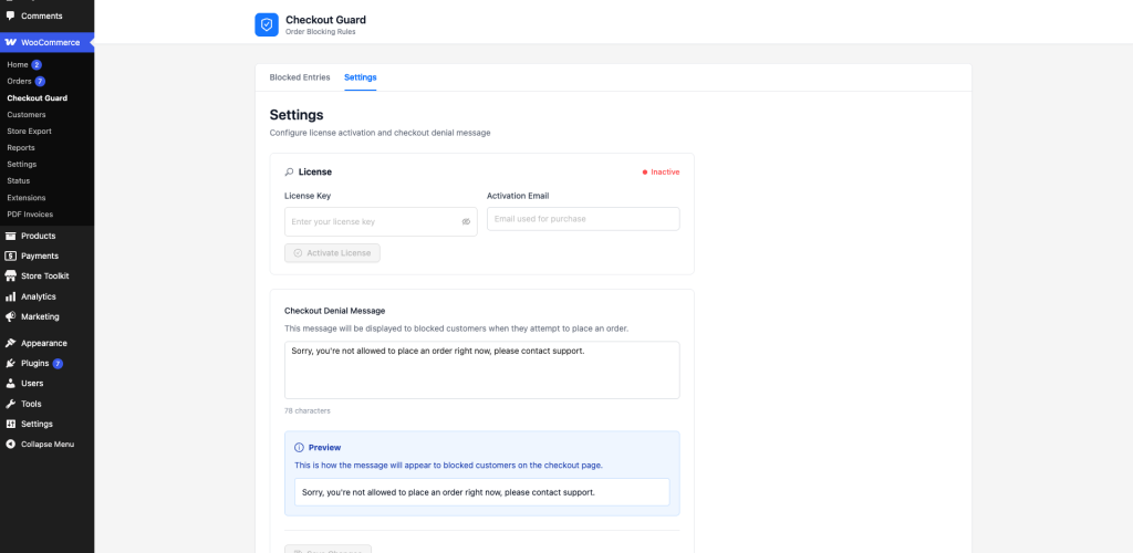 The Checkout Guard Settings tab showing the License section with empty License Key and Activation Email fields and a greyed-out Activate License button