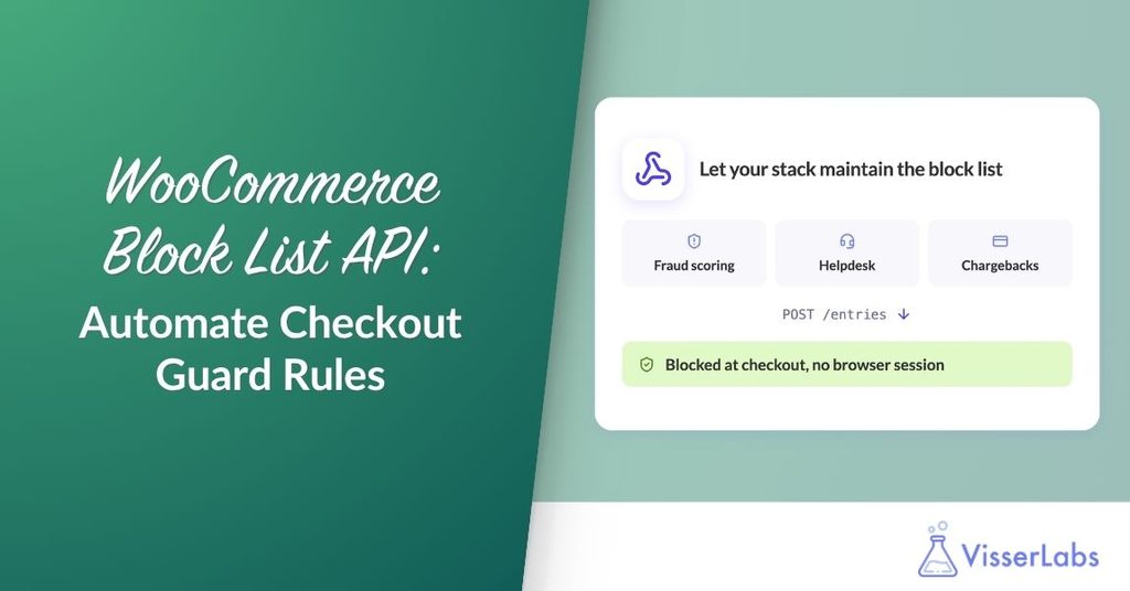 WooCommerce Block List API: Automate Checkout Guard Rules with a green gradient banner and a white UI card showing status