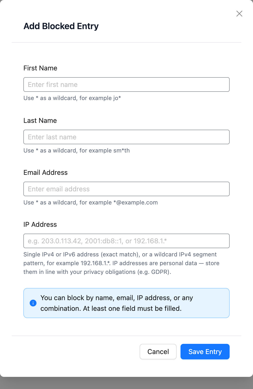 Adding a blocked entry with a name, email address or IP address in Checkout Guard