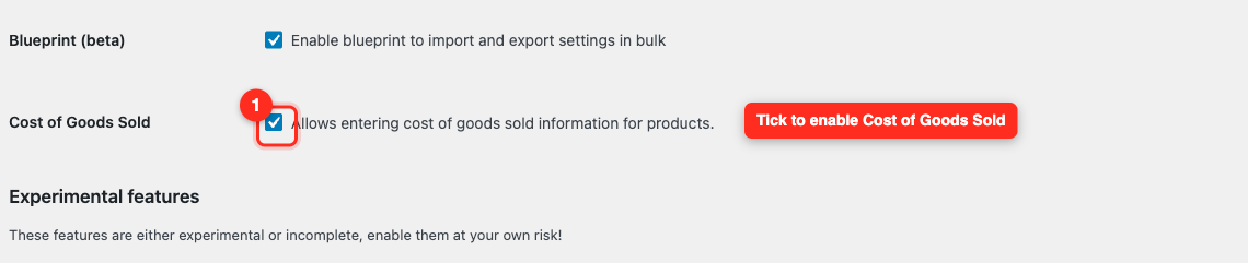 export-cogs-wc-features-toggle - Visser Labs The WooCommerce Features settings screen with the Cost of Goods Sold checkbox ticked