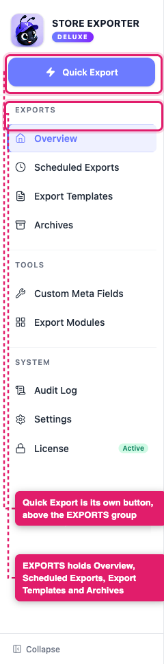 export-customers-01-sidebar-quick-export - Visser Labs The Store Exporter Deluxe sidebar with Quick Export highlighted above the EXPORTS group