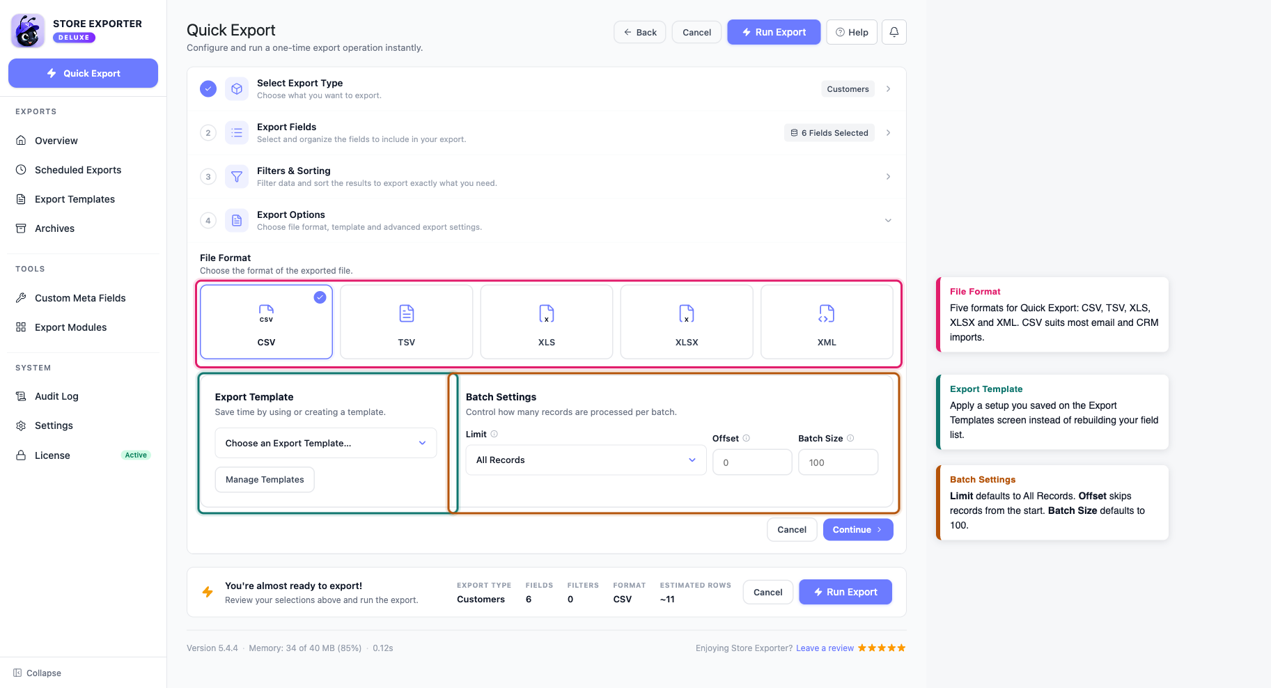 export-customers-05-export-options - Visser Labs The Export Options step with the five File Format tiles, the Export Template picker and the Batch Settings fields highlighted