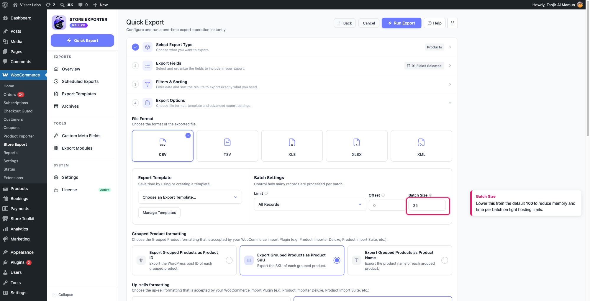 exporting-large-woocommerce-stores-01-batch-size - Visser Labs The Export Options step of Quick Export showing the Batch Settings section, with the Batch Size field set to 25