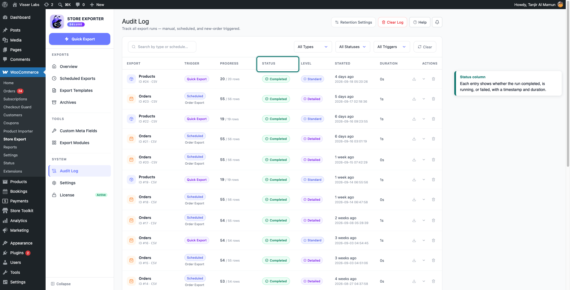 exporting-large-woocommerce-stores-02-audit-log-list - Visser Labs The Audit Log page listing recent export runs with their type, trigger, status, level, and duration columns
