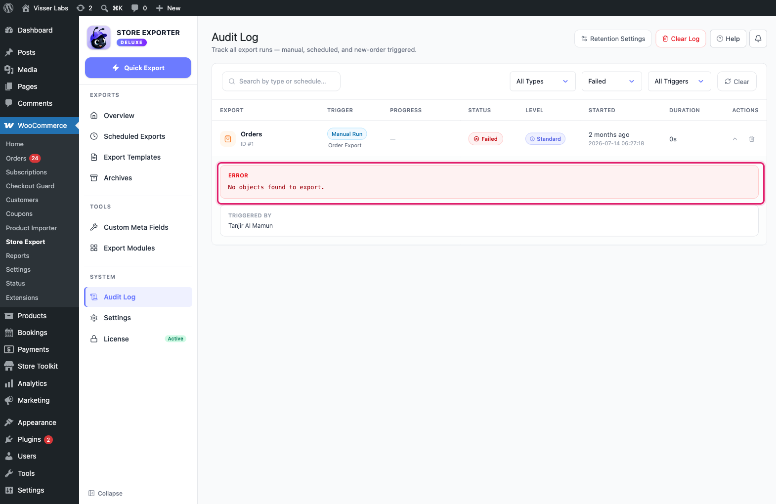 exporting-large-woocommerce-stores-03-audit-log-failed-entry - Visser Labs An expanded Audit Log entry with the Failed status, showing the Error box with the failure message