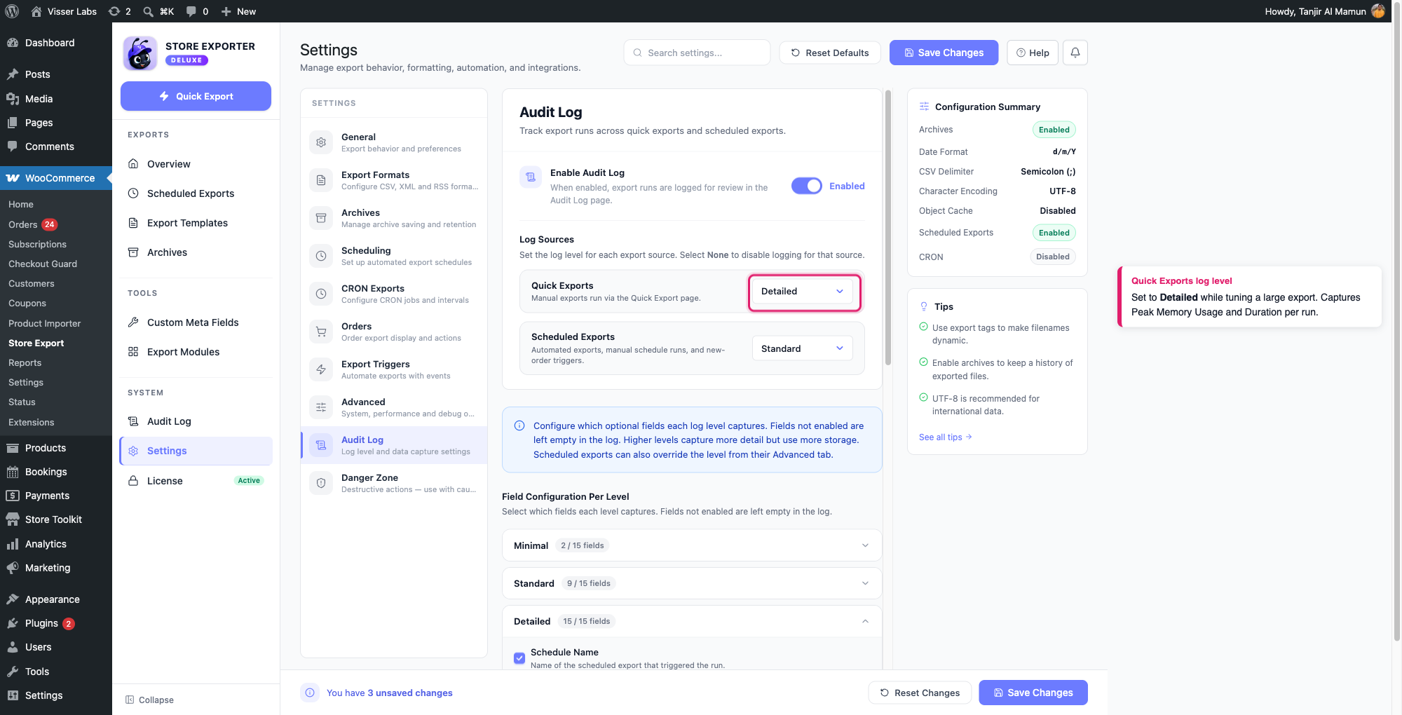 exporting-large-woocommerce-stores-04-audit-log-level - Visser Labs The Quick Exports log level set to Detailed