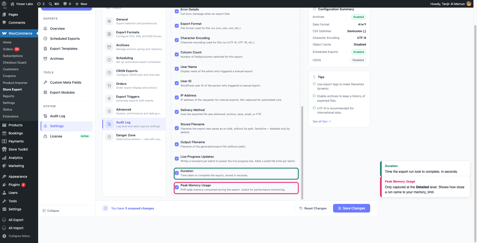 exporting-large-woocommerce-stores-05-audit-log-fields - Visser Labs The Detailed level's field list showing the Duration and Peak Memory Usage checkboxes enabled