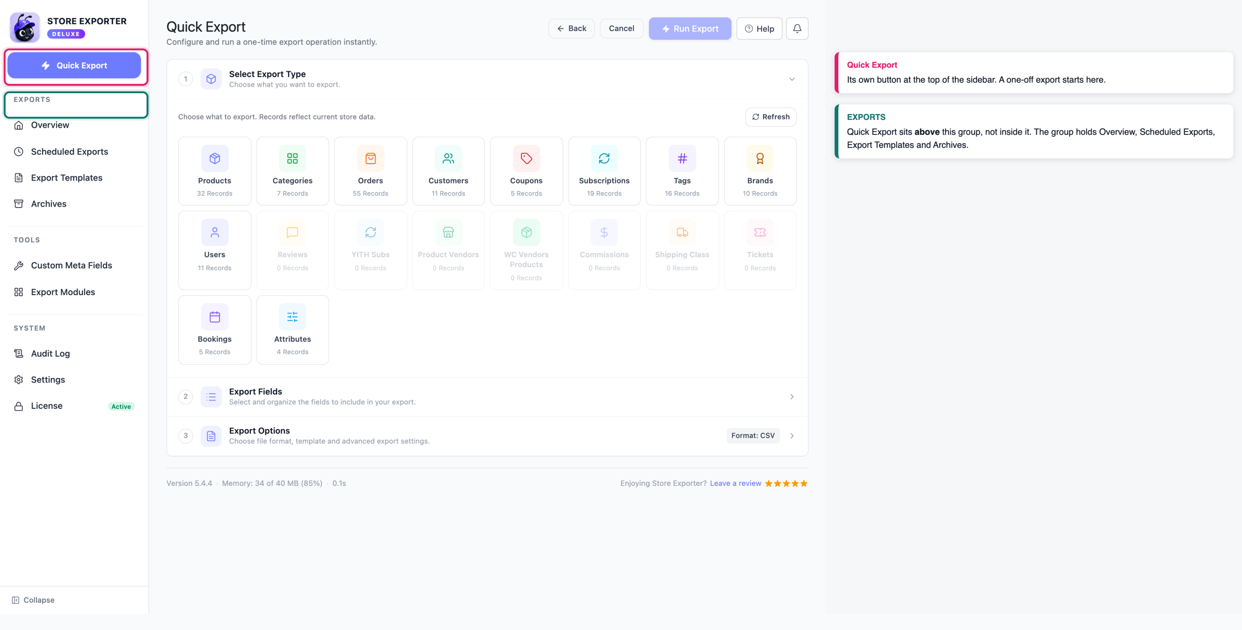 how-to-export-woocommerce-orders-01-sidebar-quick-export - Visser Labs The Store Exporter Deluxe sidebar with the Quick Export button called out above the EXPORTS group