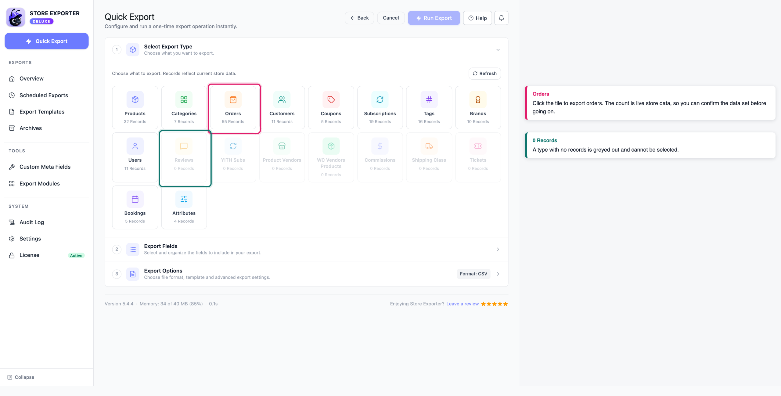 how-to-export-woocommerce-orders-02-select-export-type - Visser Labs The Select Export Type step with the Orders tile and its 55 record count called out, and zero-record tiles greyed out