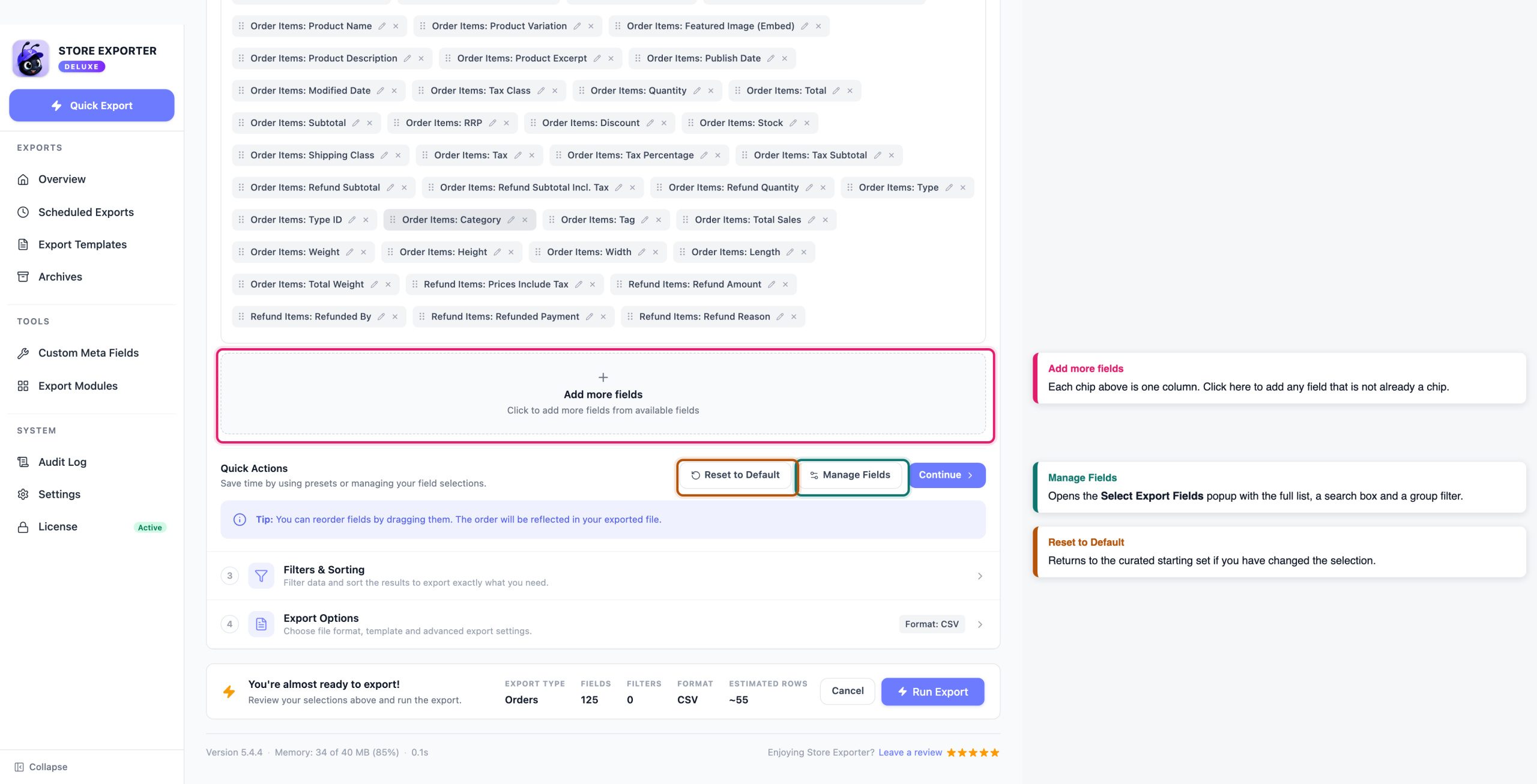 how-to-export-woocommerce-orders-03-export-fields - Visser Labs The Export Fields step with Add more fields, Manage Fields and Reset to Default called out below the order field chips