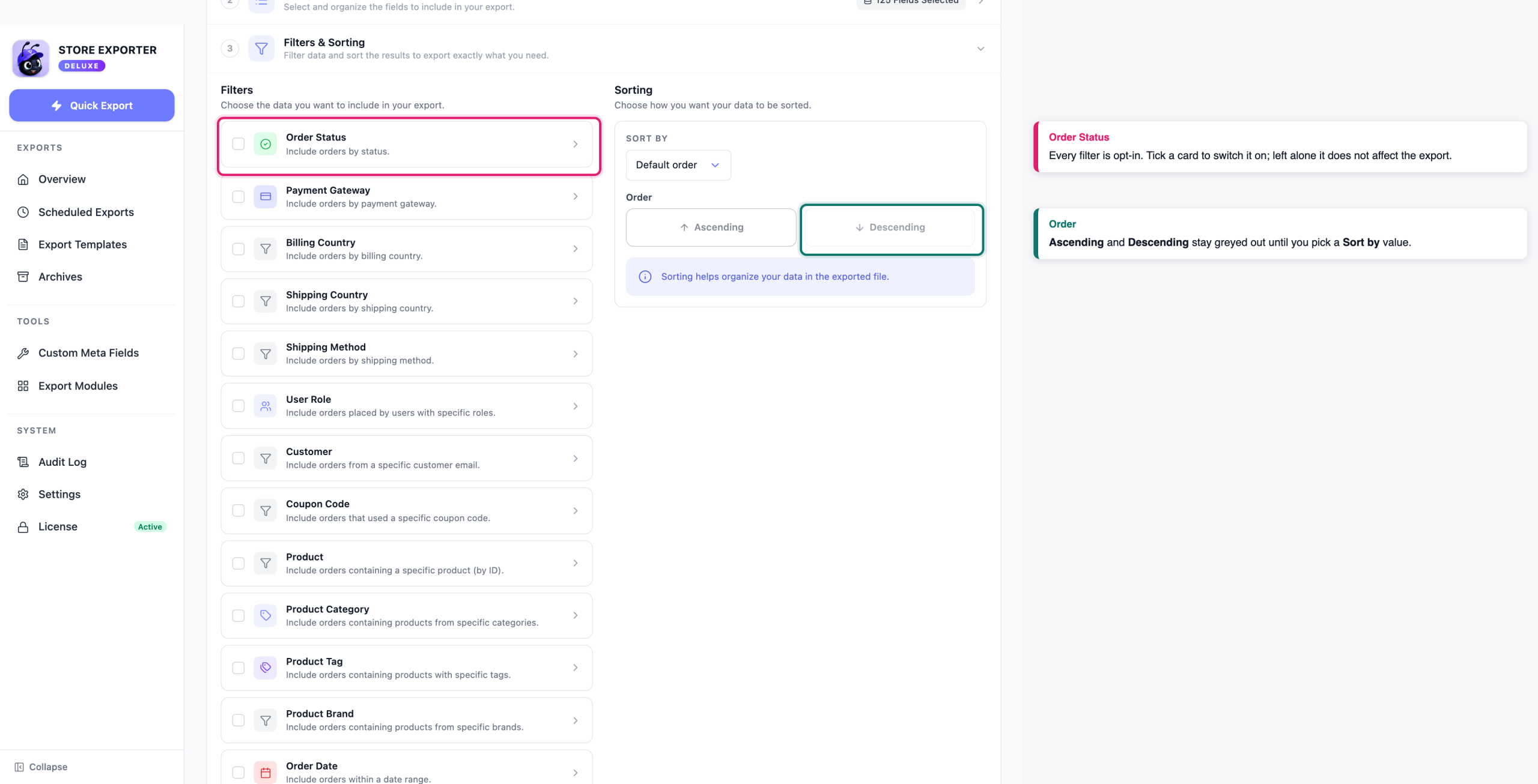 how-to-export-woocommerce-orders-04-filters-sorting - Visser Labs The Filters and Sorting step with the unticked Order Status card called out, and Ascending and Descending greyed out beside Default order