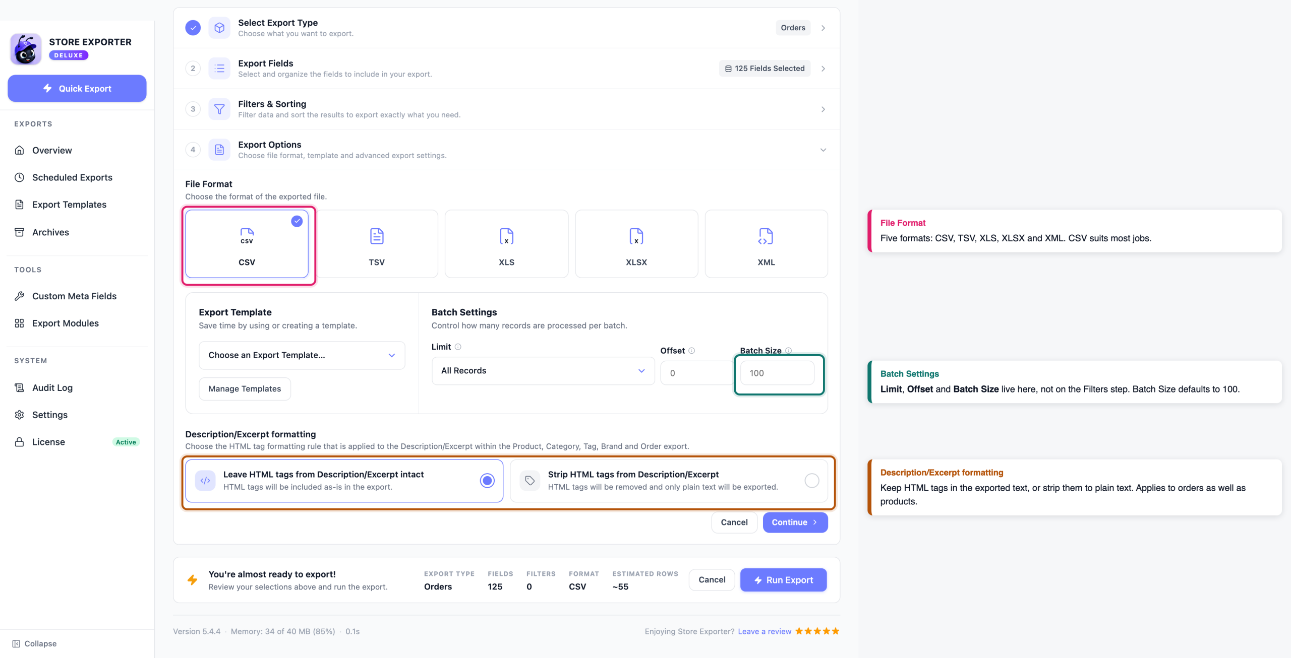 how-to-export-woocommerce-orders-05-export-options - Visser Labs The Export Options step with the CSV tile, the Batch Size field and the Description/Excerpt formatting choices called out