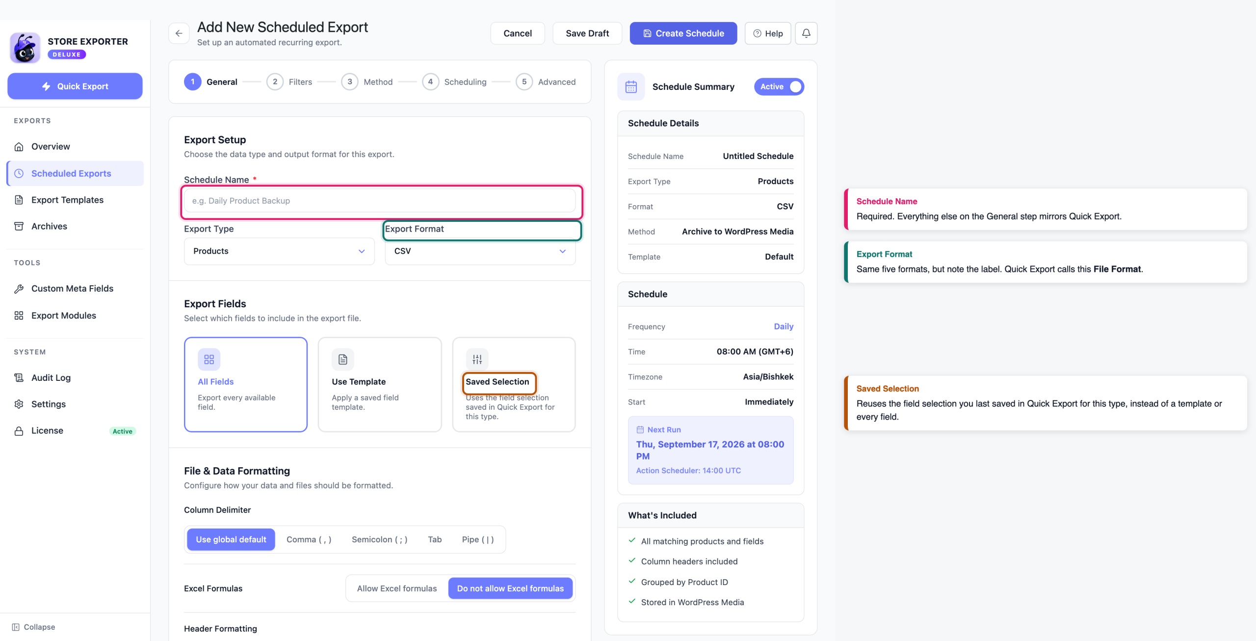 how-to-export-woocommerce-orders-06-scheduled-export-general - Visser Labs The Add New Scheduled Export General step with Schedule Name, the Export Format label and the Saved Selection field mode called out