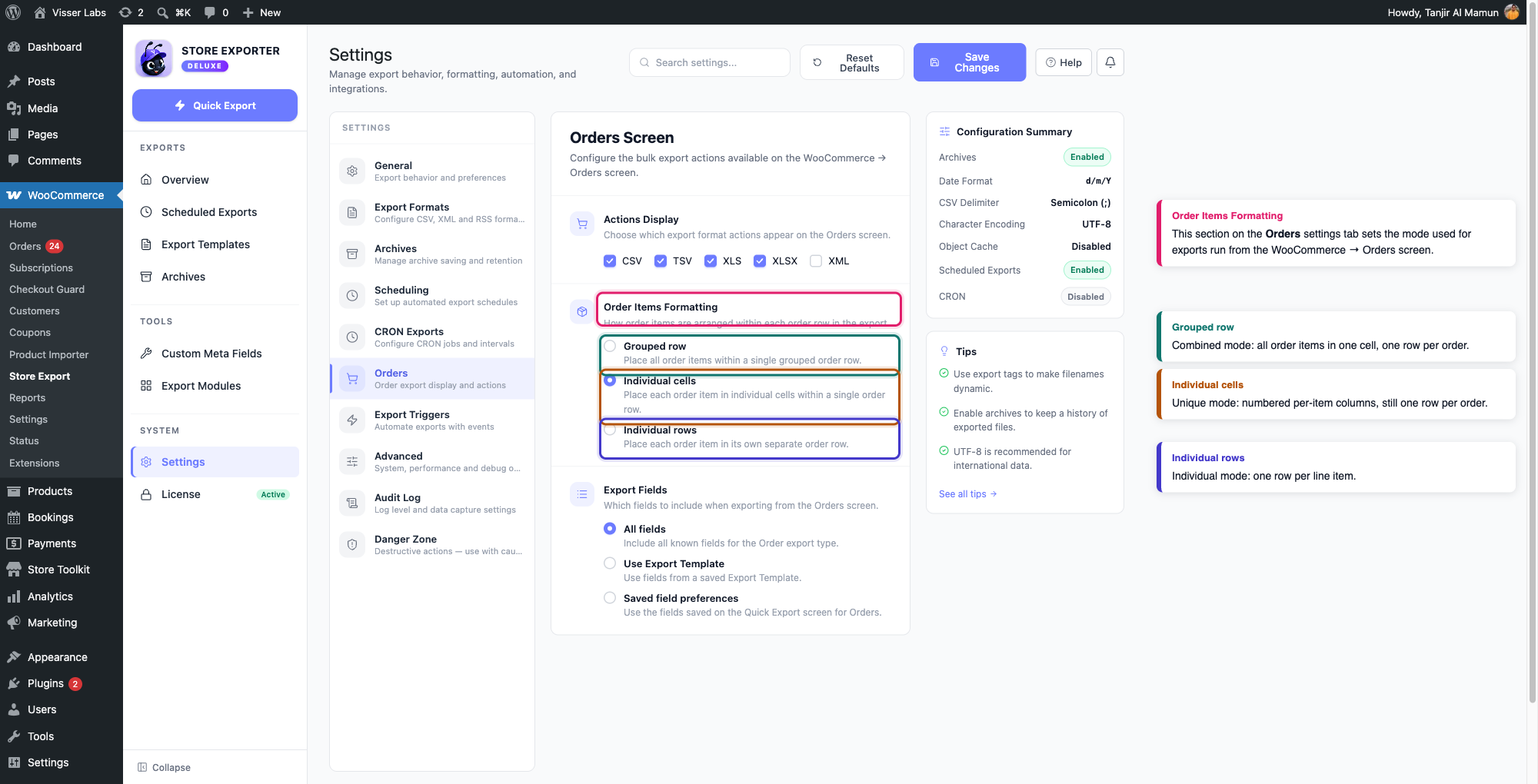 order-items-export-formats-explained-01-orders-settings-order-items-formatting - Visser Labs The Orders Screen settings tab with the Order Items Formatting section expanded, showing the Grouped row, Individual cells, and Individual rows radio options