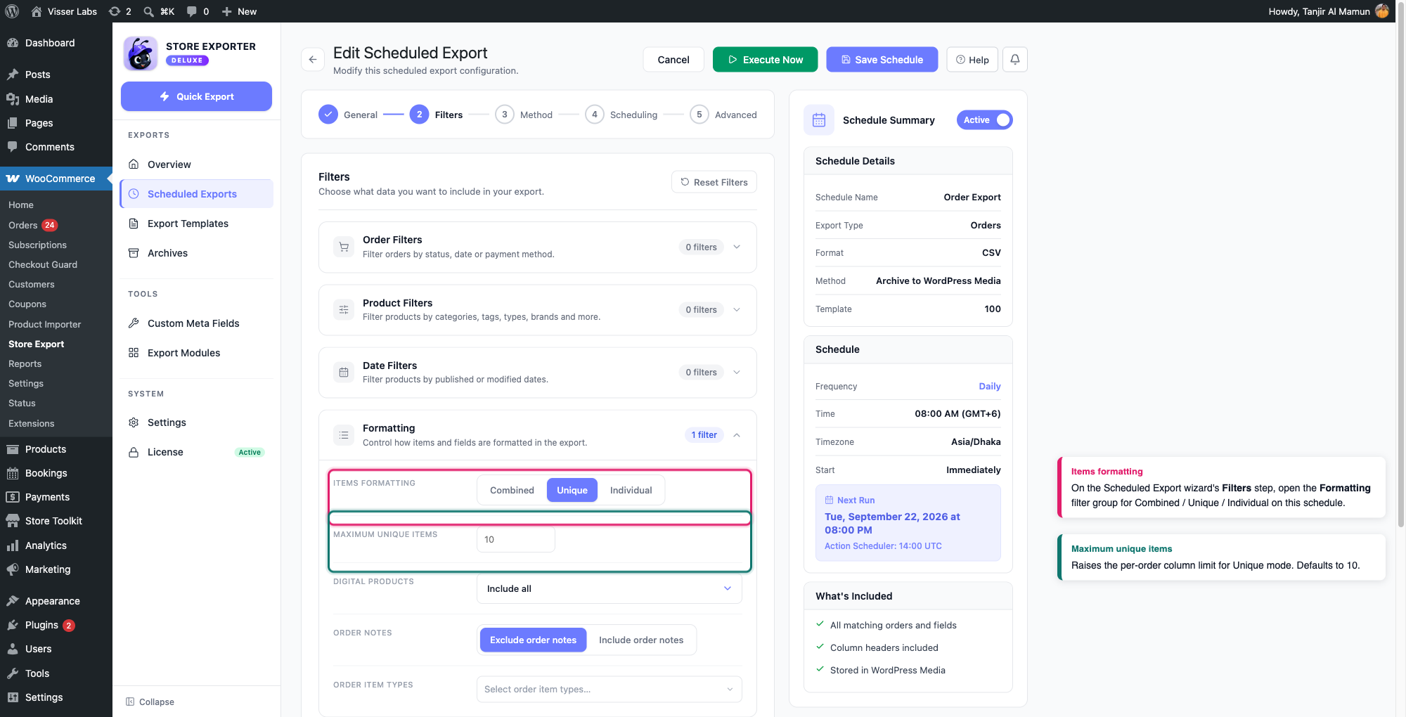 order-items-export-formats-explained-03-scheduled-export-filters-order-items-formatting - Visser Labs The Scheduled Export wizard's Filters step with the Formatting group expanded, Unique selected in the Items formatting control, and the Maximum unique items field set to 10