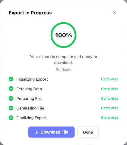 quick-export-download-complete - Visser Labs The export progress dialog showing the Download File button after a completed export