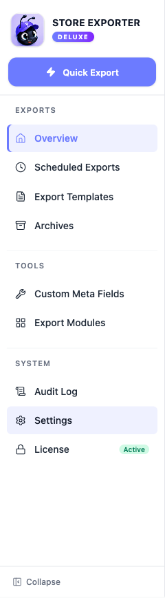 quick-export-sidebar-location-1 - Visser Labs The Store Exporter Deluxe sidebar with the standalone Quick Export button highlighted above the EXPORTS group