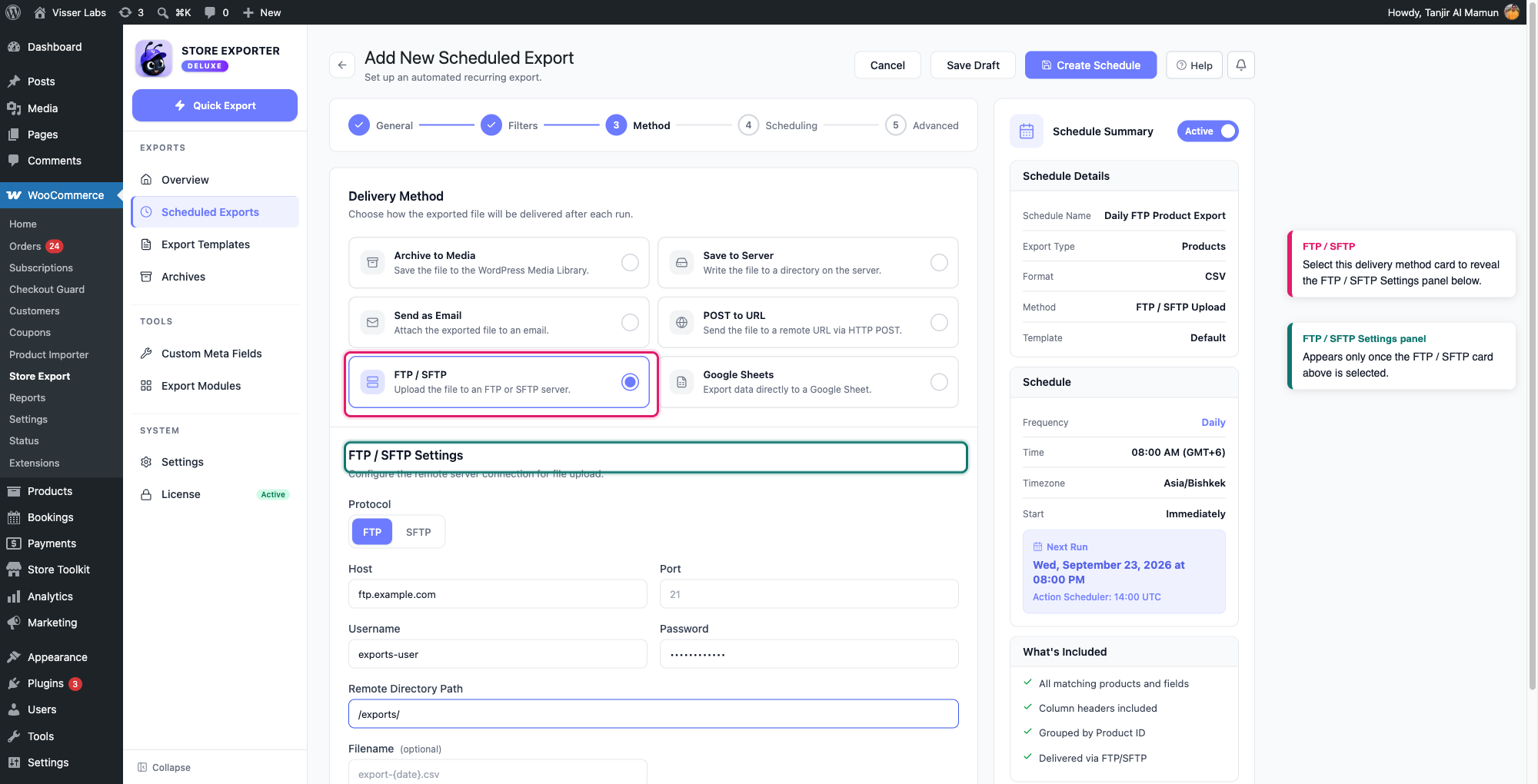 schedule-exports-ftp-sftp-01-schedule-exports-ftp-sftp-01-method-card - Visser Labs The Method step with the FTP / SFTP delivery card selected, showing the FTP / SFTP Settings panel appearing below it