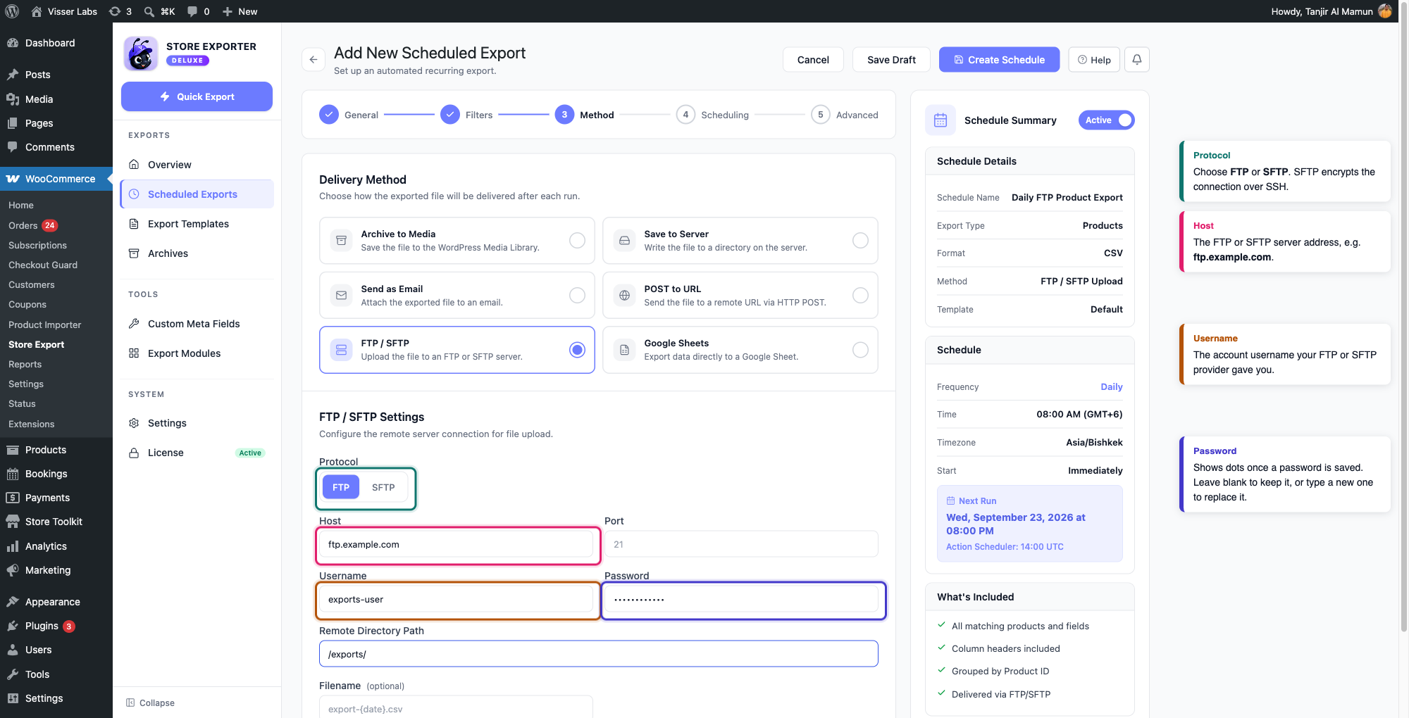 schedule-exports-ftp-sftp-02-schedule-exports-ftp-sftp-02-fields - Visser Labs The FTP / SFTP Settings panel with the Protocol, Host, Username, and Password fields annotated