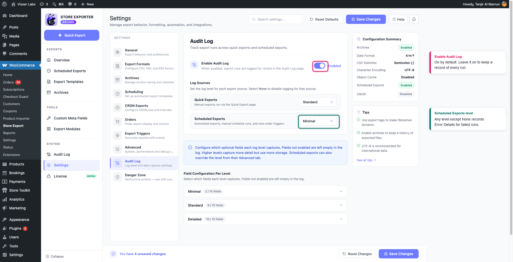 schedule-exports-ftp-sftp-03-audit-log-settings - Visser Labs The Audit Log settings section with Enable Audit Log turned on and the Scheduled Exports log level set to Minimal