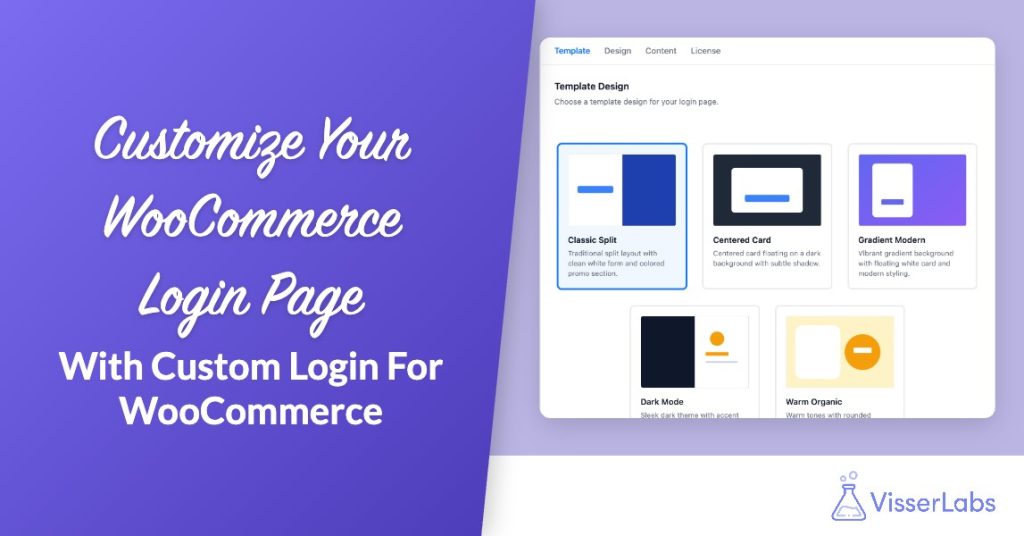 Customize Your WooCommerce Login Page With Custom Login for WooCommerce - Visser Labs Hero banner with a purple gradient and white cursive text reading'Customize Your WooCommerce Login Page' beside a template design mockup on the right.