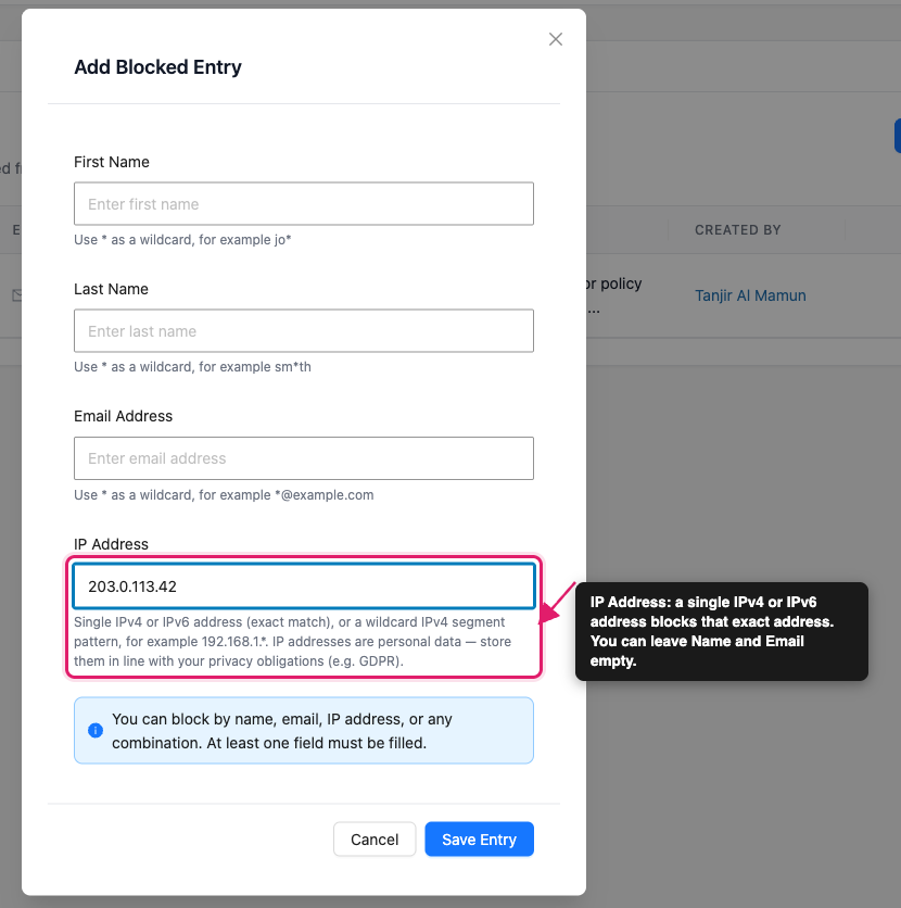 block-customers-by-ip-address-01-ip-dialog-single - Visser Labs The Add Blocked Entry dialog with 203.0.113.42 typed into the IP Address field and its format hint underneath