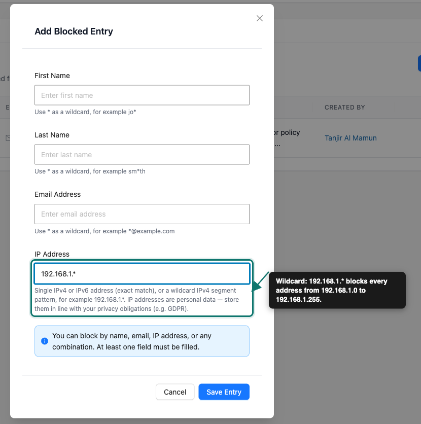 block-customers-by-ip-address-02-ip-dialog-wildcard - Visser Labs The Add Blocked Entry dialog with the wildcard pattern 192.168.1.* typed into the IP Address field