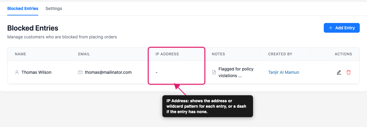 block-customers-by-ip-address-03-blocked-entries-ip-column - Visser Labs The Blocked Entries tab with the IP Address column highlighted next to the Email and Notes columns