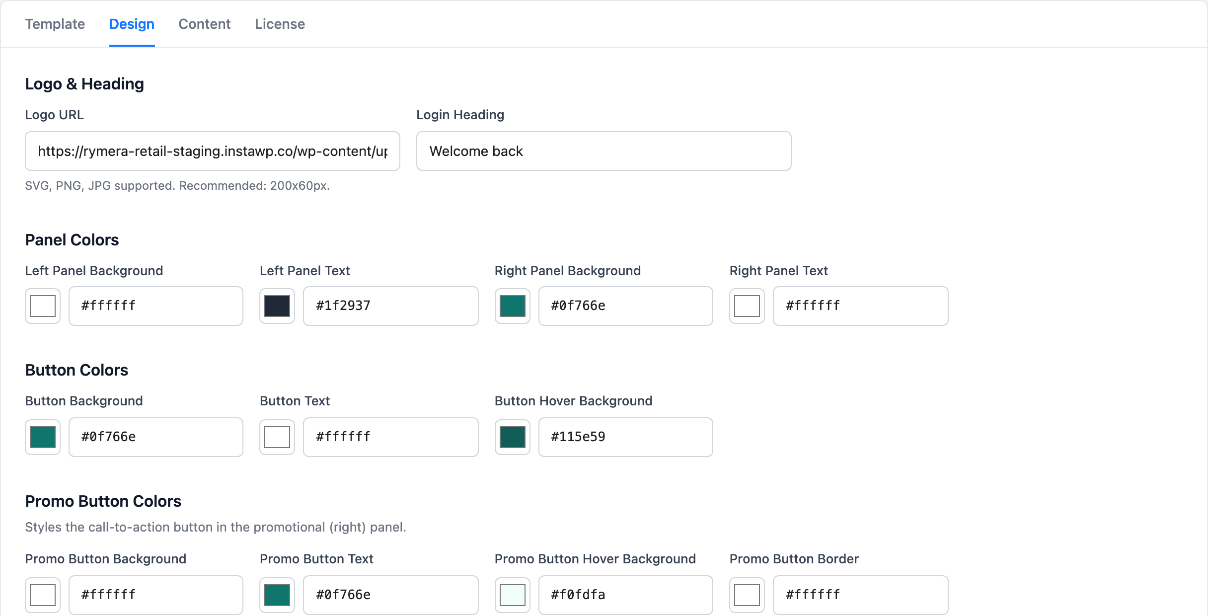 Custom Login for WooCommerce Design tab with logo, heading and color settings