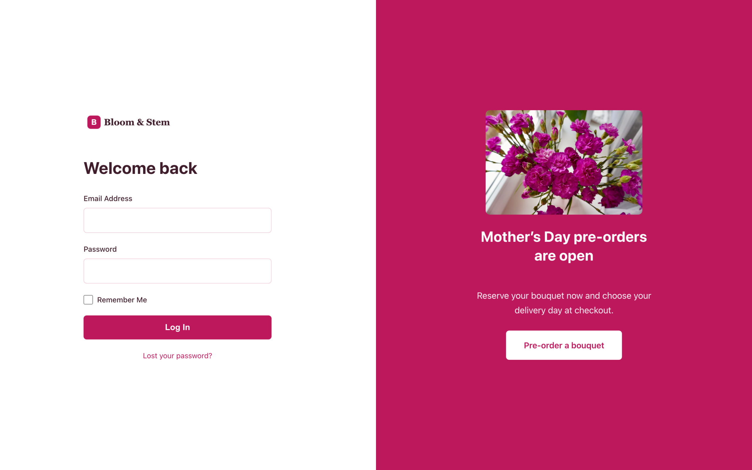 WooCommerce custom login page for a florist, built with the Classic Split template