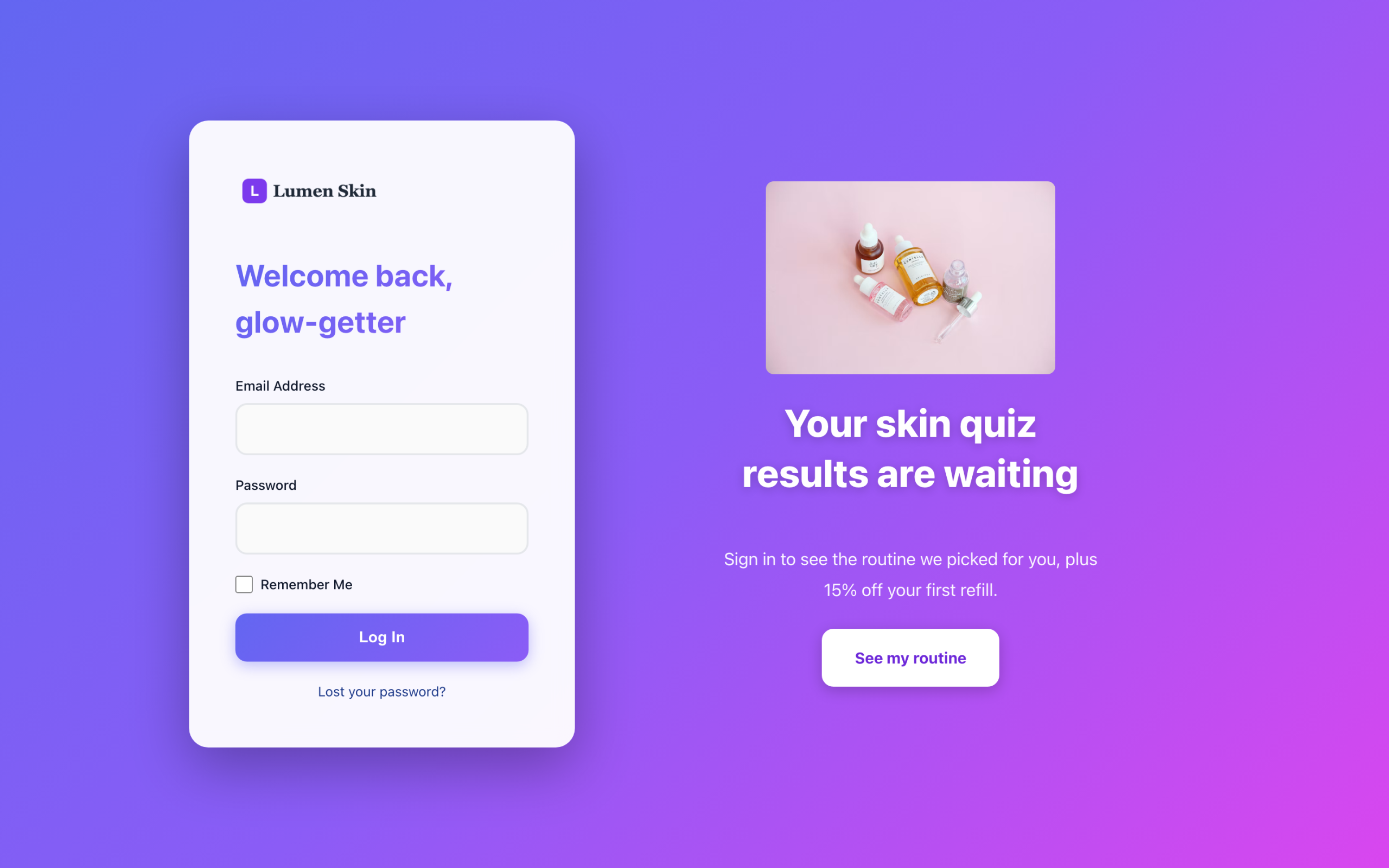 Skincare store login page built with the Custom Login for WooCommerce Gradient Modern template