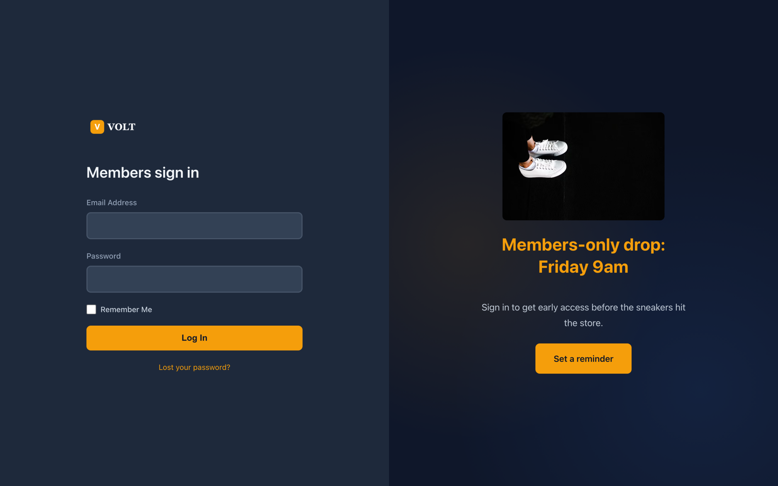 Sneaker store login page built with the Custom Login for WooCommerce Dark Mode template