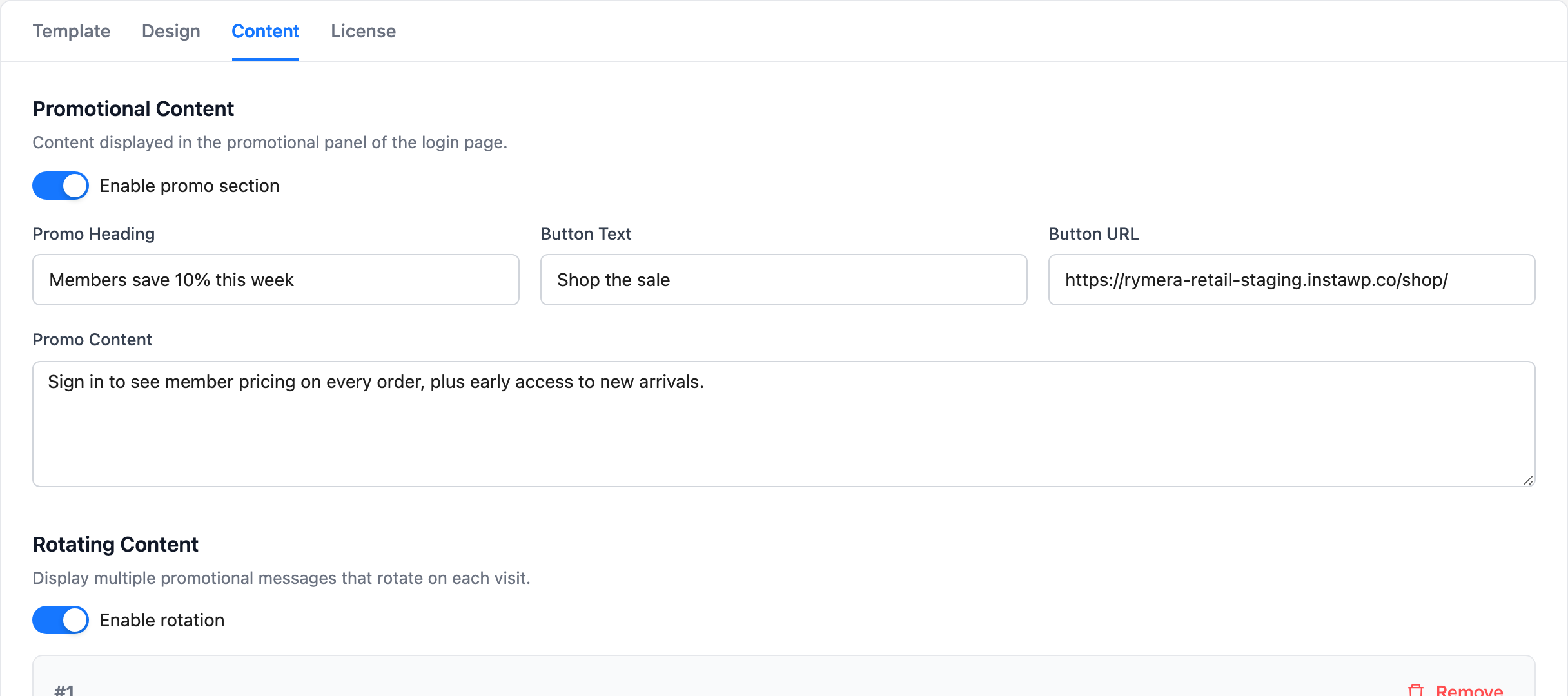 Custom Login for WooCommerce Content tab with promotional content settings