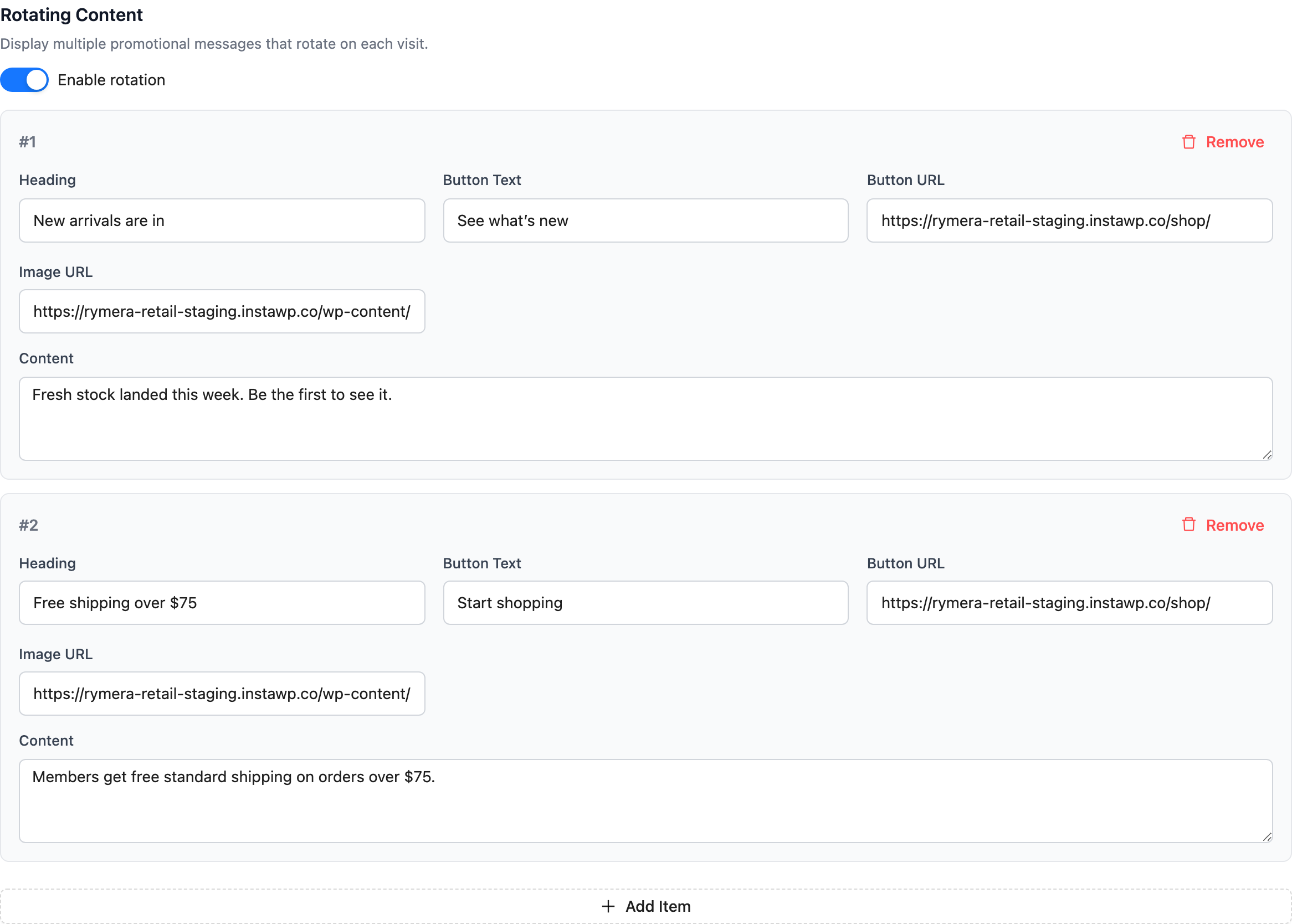 Custom Login for WooCommerce rotating content settings with two promo items