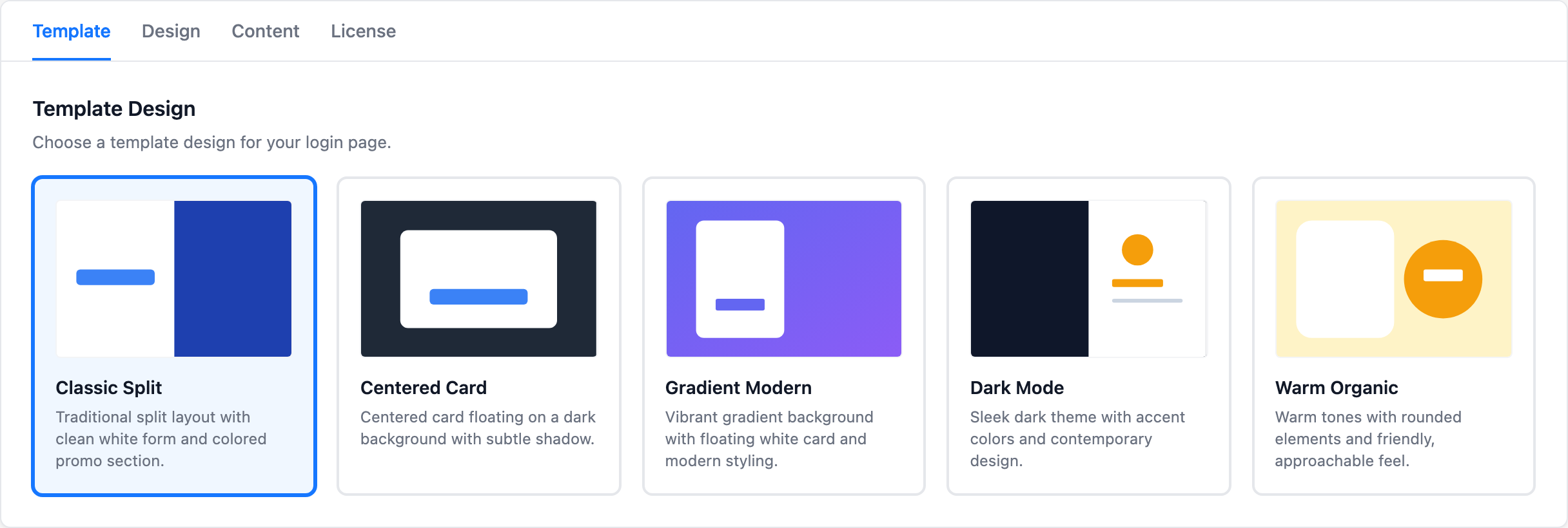 Custom Login for WooCommerce Template tab showing the five login page templates