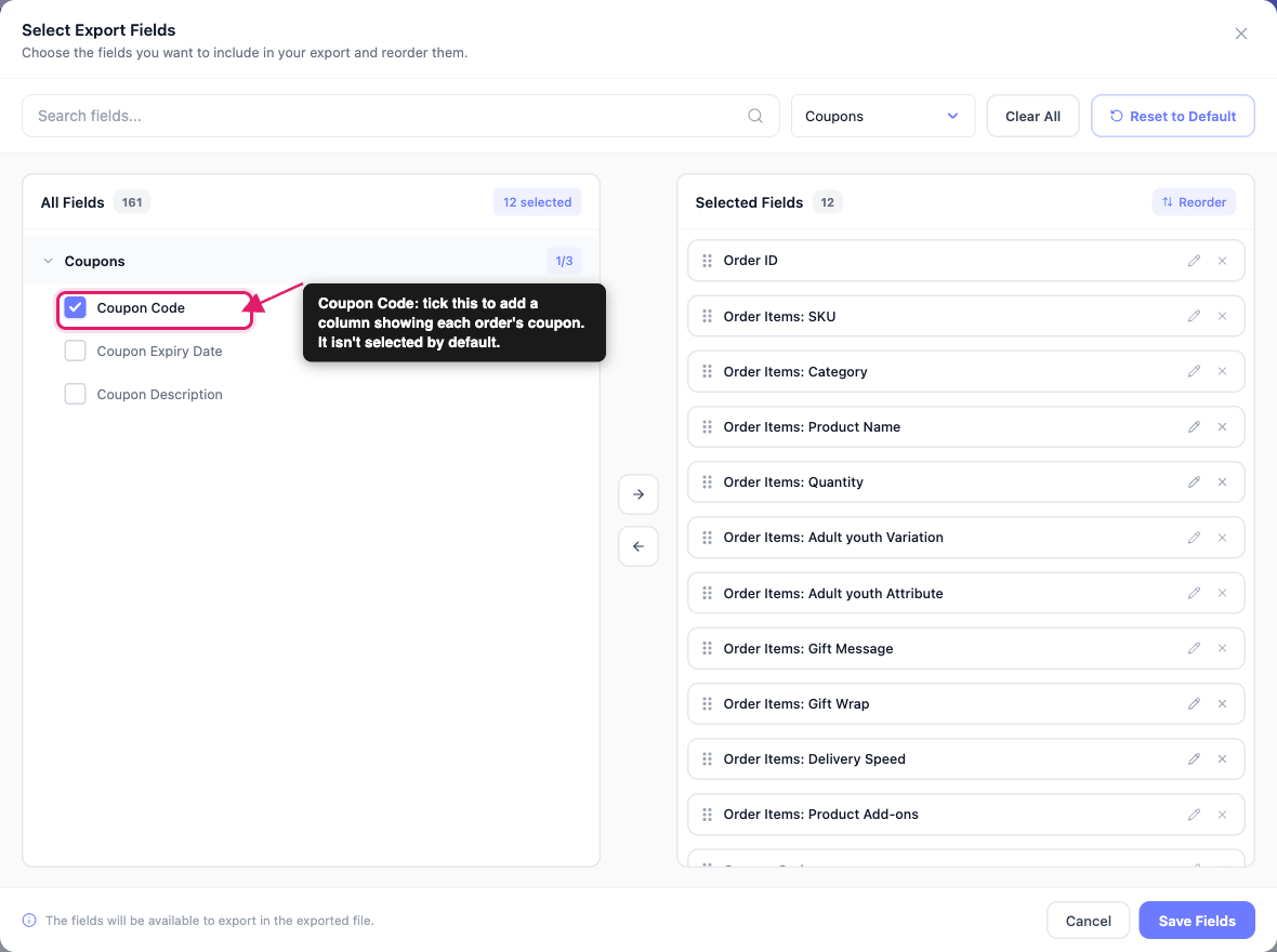 export-orders-by-multiple-coupons-01-add-coupon-code-field - Visser Labs The Select Export Fields popup filtered to the Coupons group, with the Coupon Code checkbox ticked
